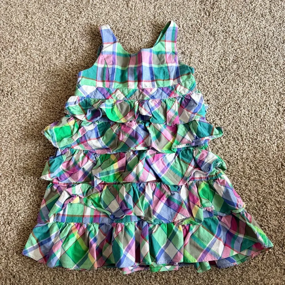 Ralph Lauren Girls Plaid Summer Ruffle Dress Size 4 Purple Blue Green